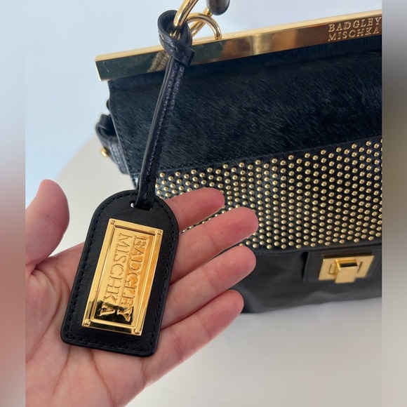 Badgley Mischka Black Patent Leather Calf Hair Gold Hardware Hand Bag - Picture 6 of 13